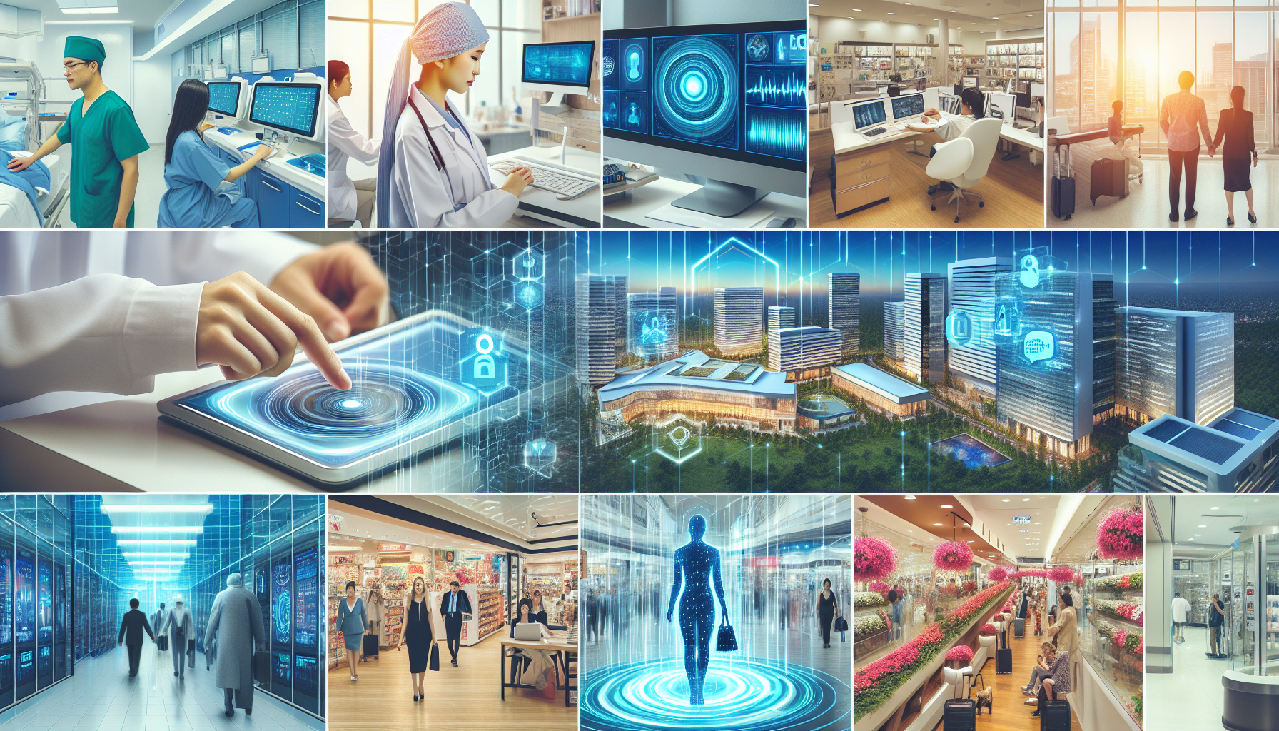 A collage showing various industries like healthcare, hospitality, retail, etc. that can benefit from AI receptionist services.