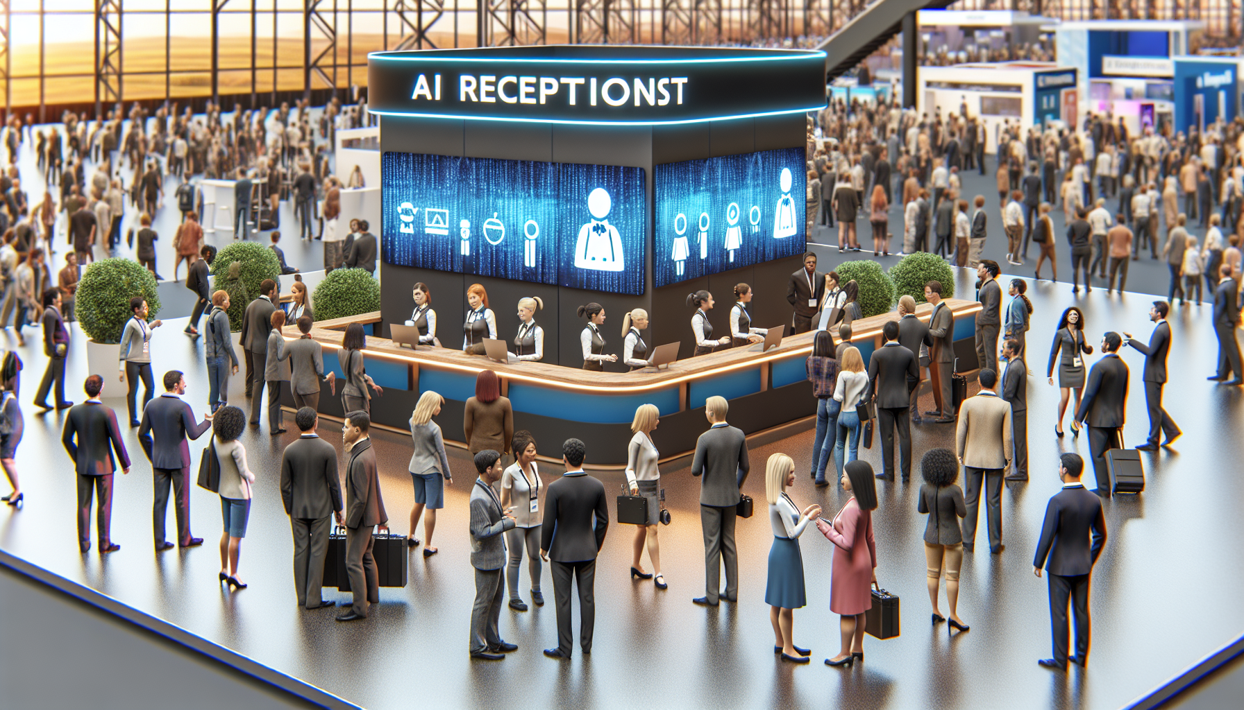 An image depicting AI Receptionist Service providers networking with trade show attendees