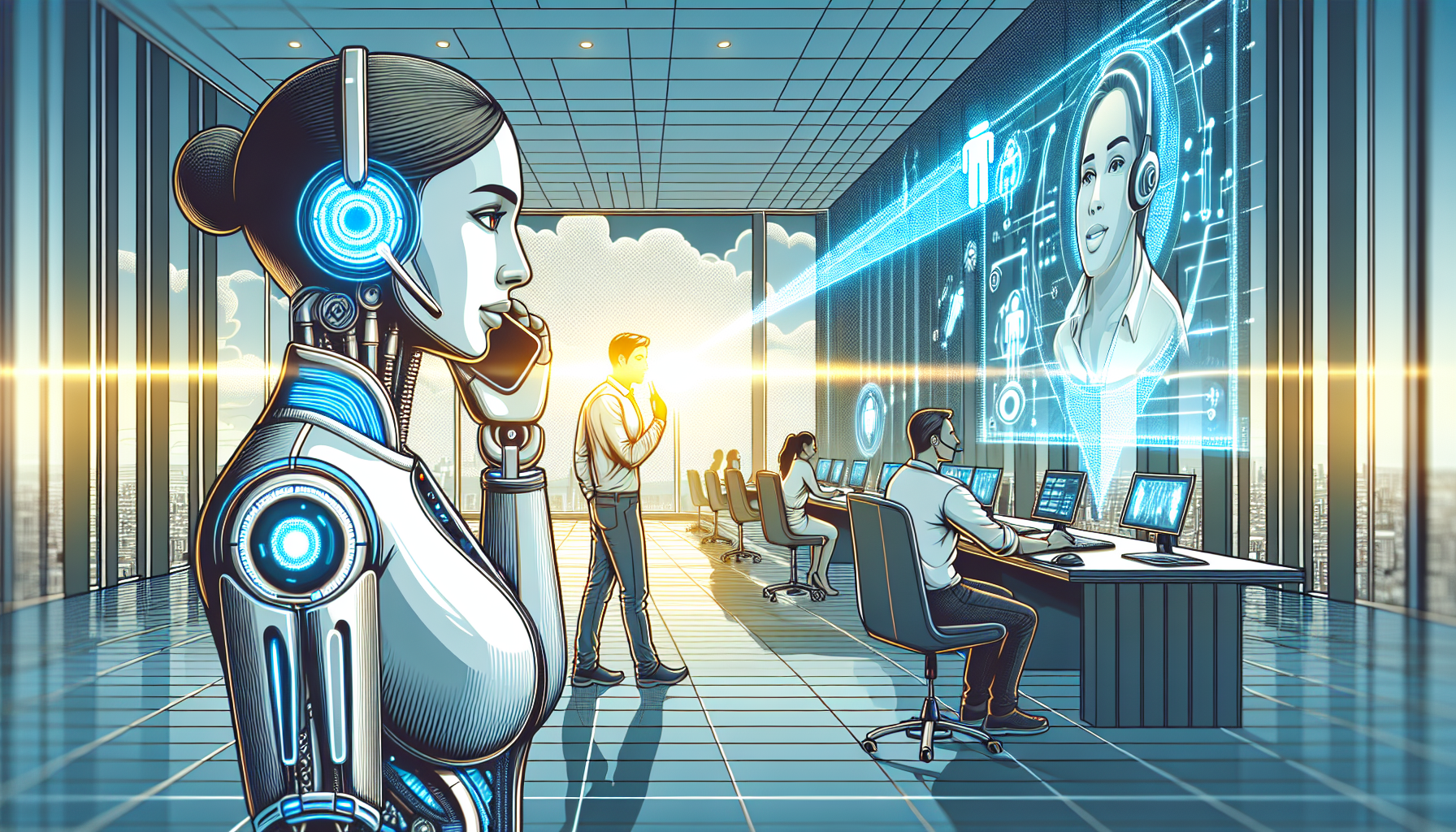 An illustration depicting an AI Receptionist facilitating a client call on a company's behalf.