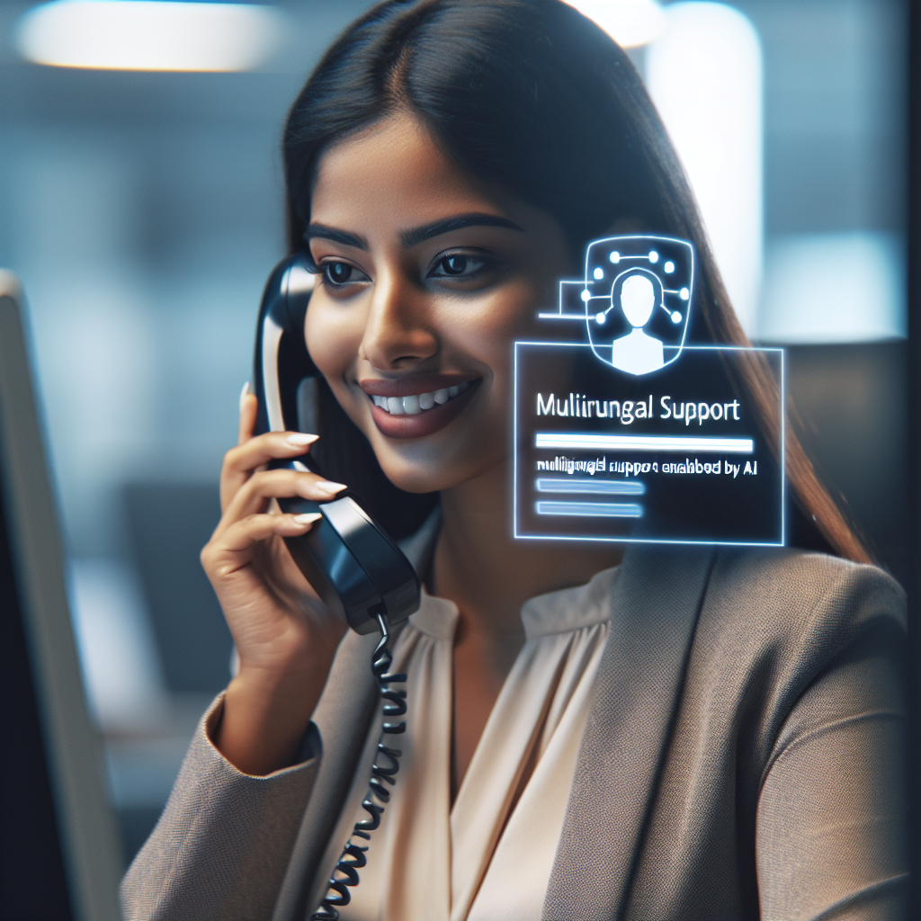 An image displaying a businesswoman communicating with an international client over the phone using AI-assisted multilingual support.