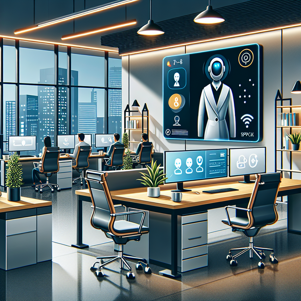 Image of a modern office setup with a virtual receptionist interface on a computer screen.