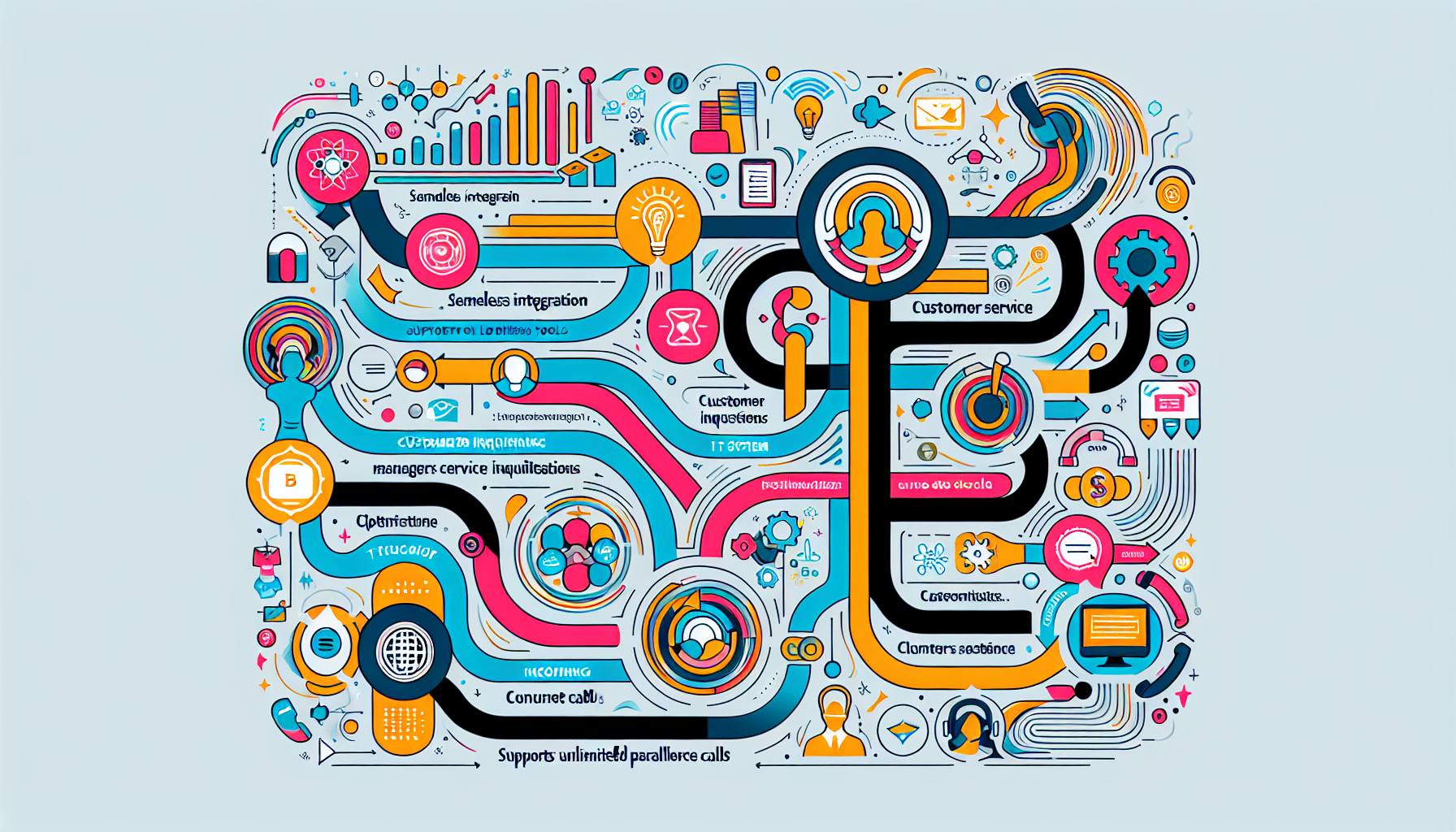 An infographic depicting how the V3CX T system integrates with business tools, handles customer queries, and allows unlimited parallel calls