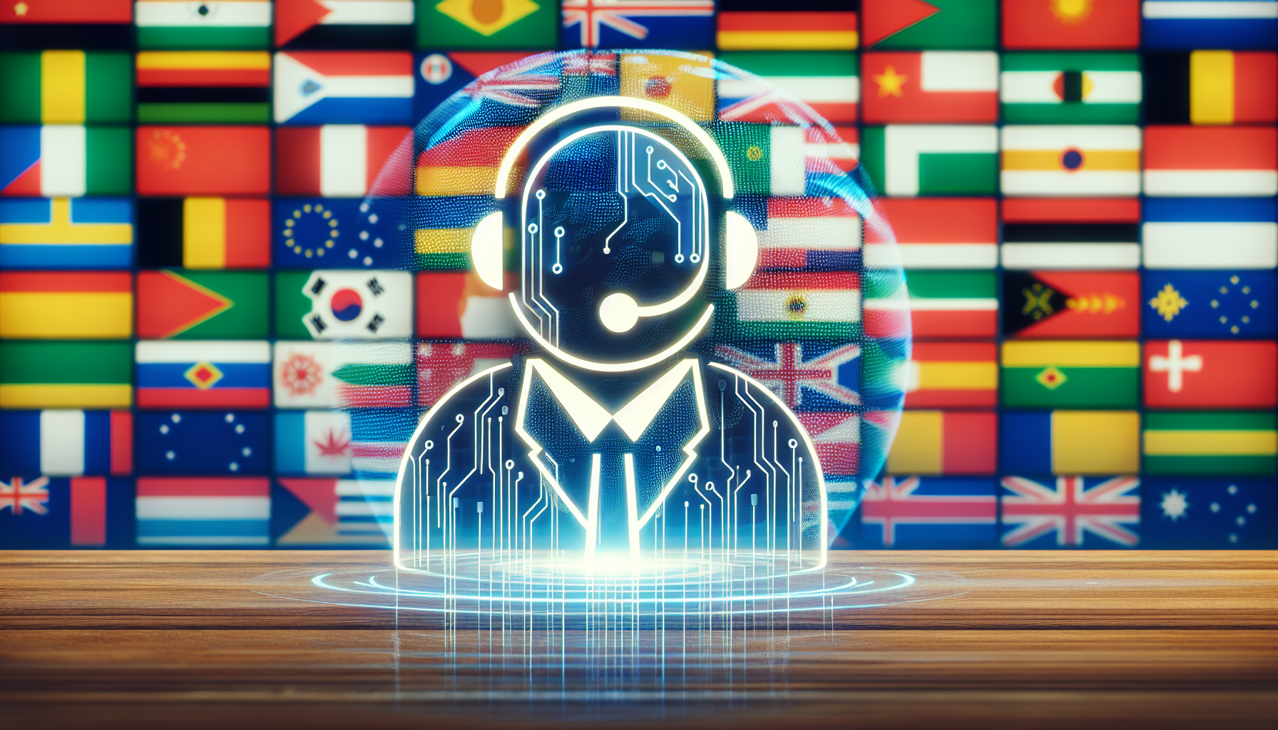 An AI receptionist icon overlaid with various world flags symbolizing multilingual support