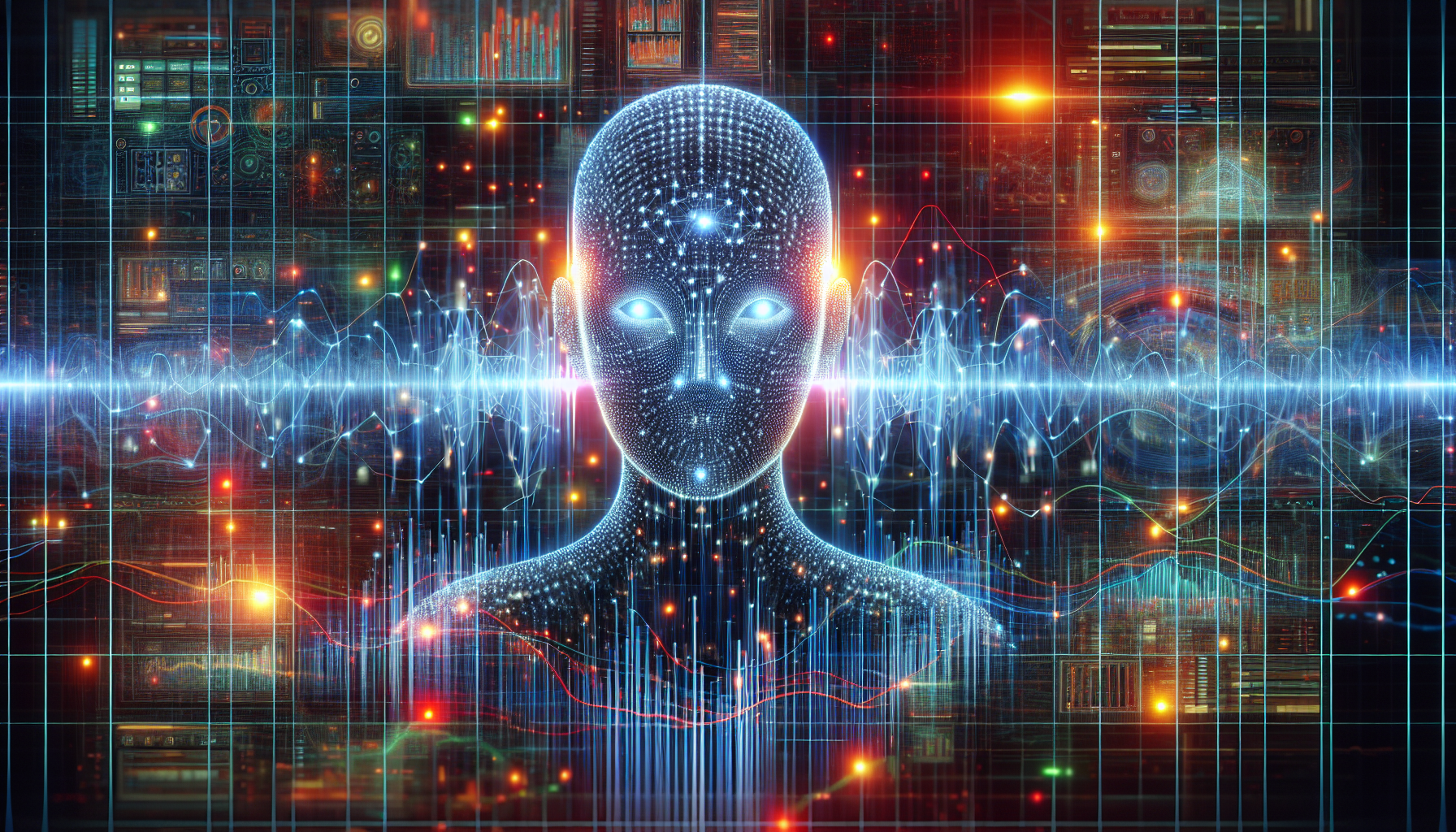 A visual of an AI receptionist, symbolized by a digital interface, processing multiple queries amidst a backdrop symbolizing a crisis.