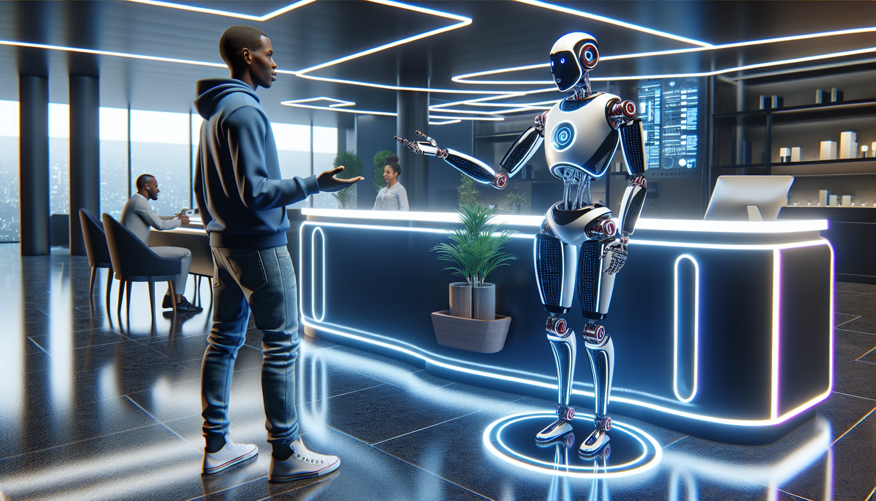 A futuristic robotic receptionist interacting with a guest or customer