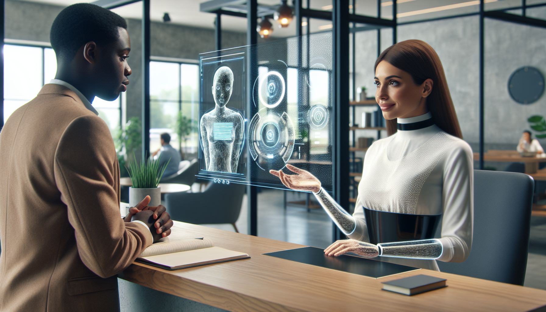 An artificial intelligence receptionist talking to a customer in an office
