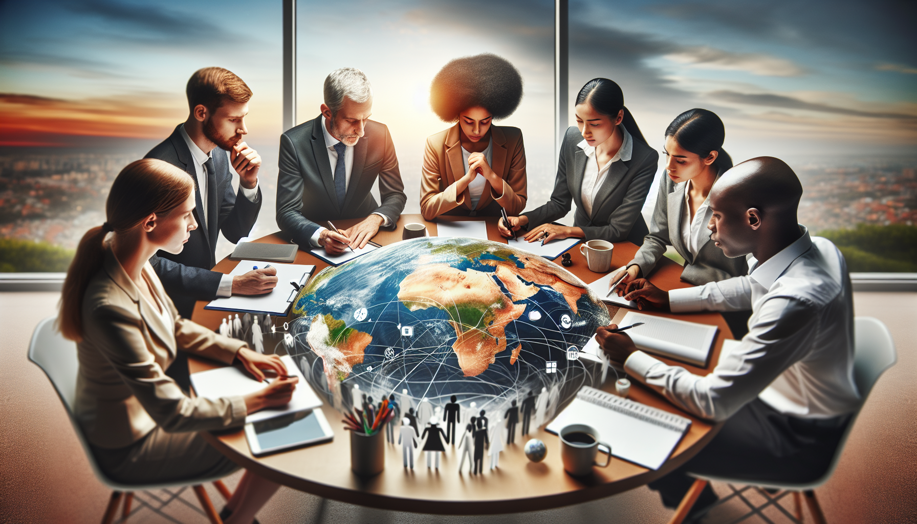 A group of people brainstorming at a round table illustrating collaboration and partnership