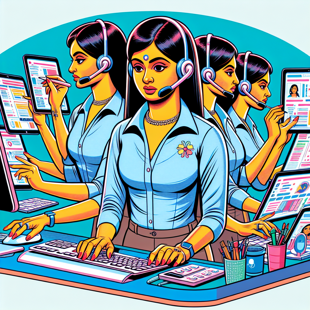 A cartoon depicting an AI receptionist at work, efficiently handling multiple tasks simultaneously.
