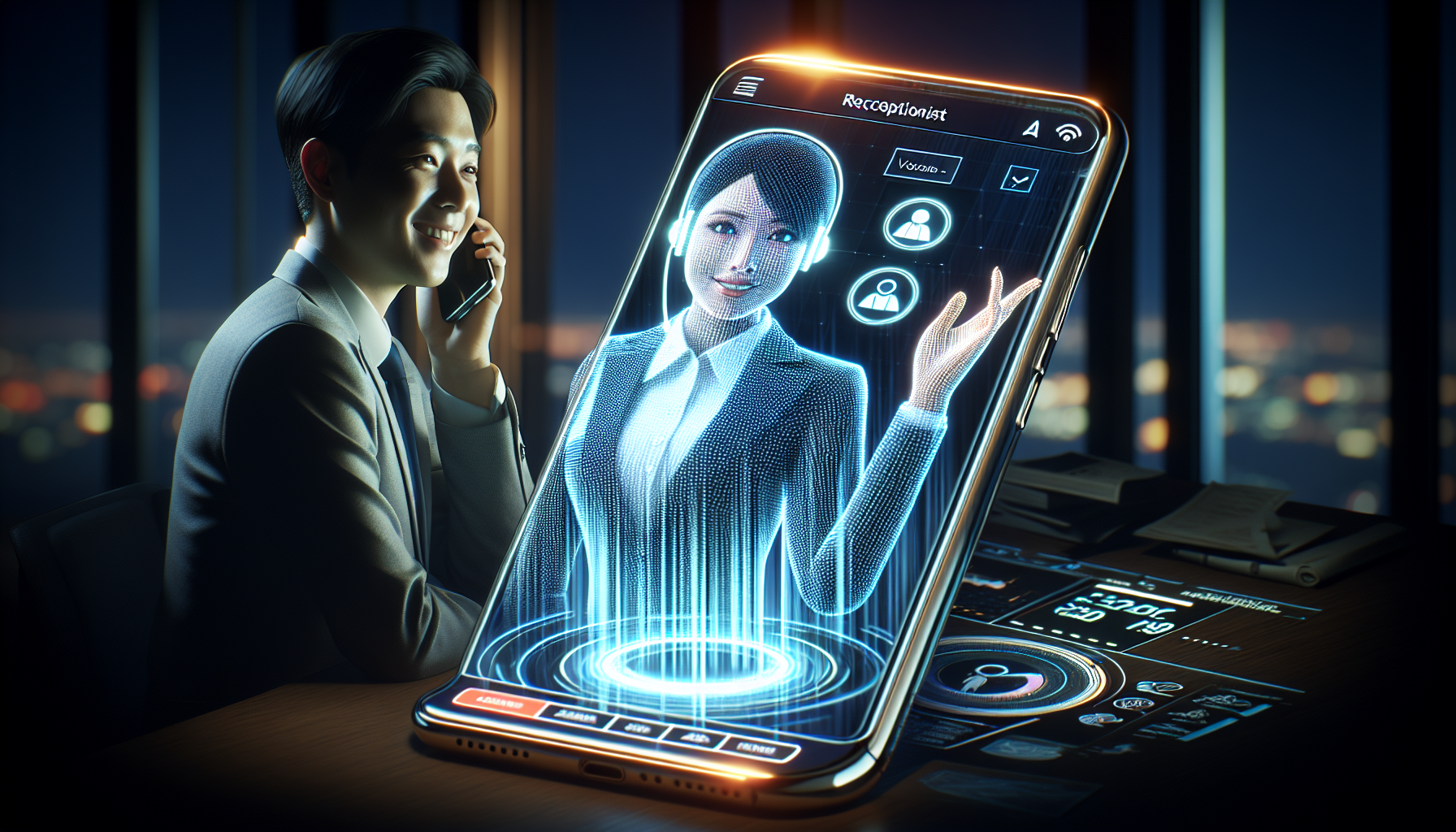 An image showcasing an AI phone receptionist guiding a customer in after-hours service