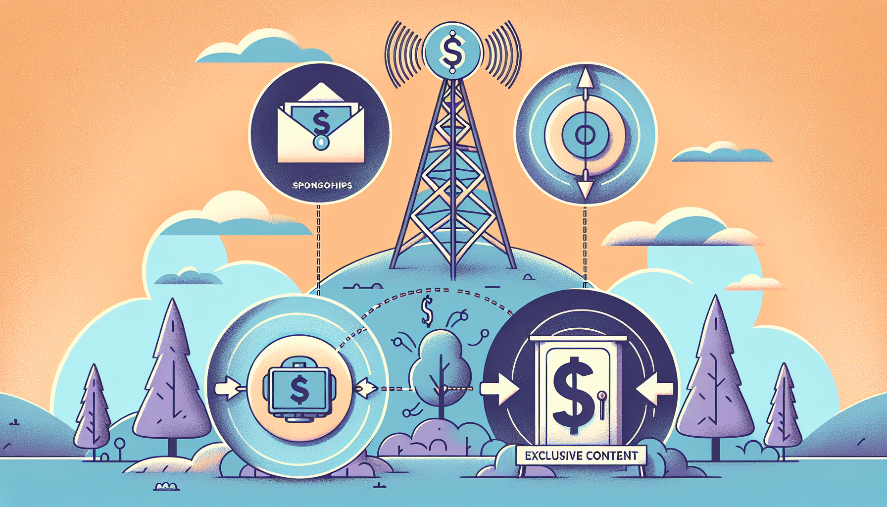 An image showcasing podcast monetization strategies like sponsorships, advertisements, premium content, and cross-promotions