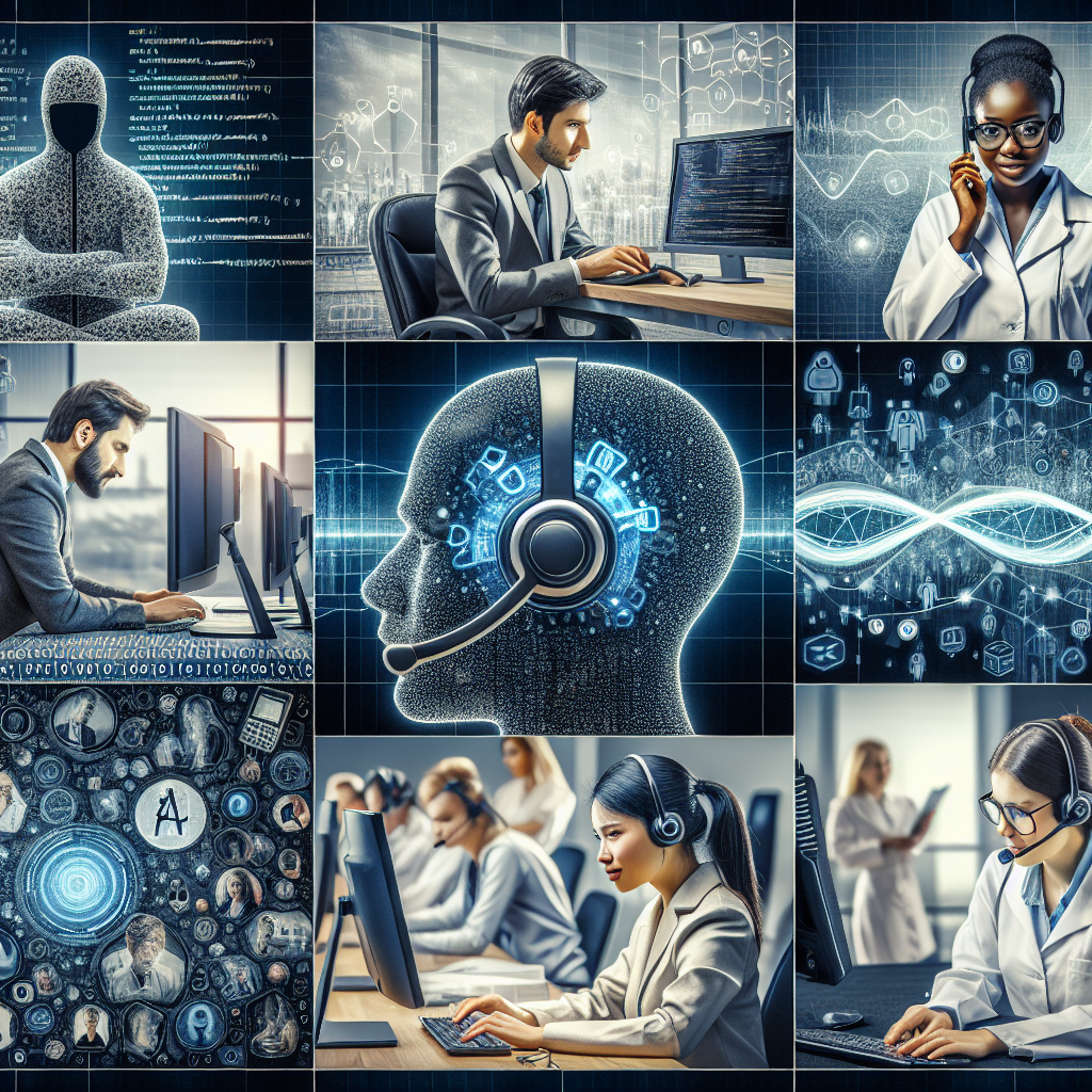 A collage featuring various industries using AI for customer satisfaction analysis via speech analytics
