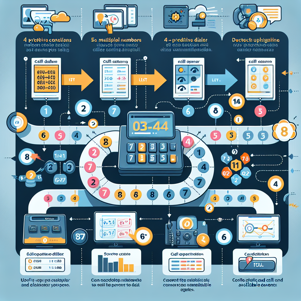 An infographic showing the function of a predictive dialer in a call center operation workflow