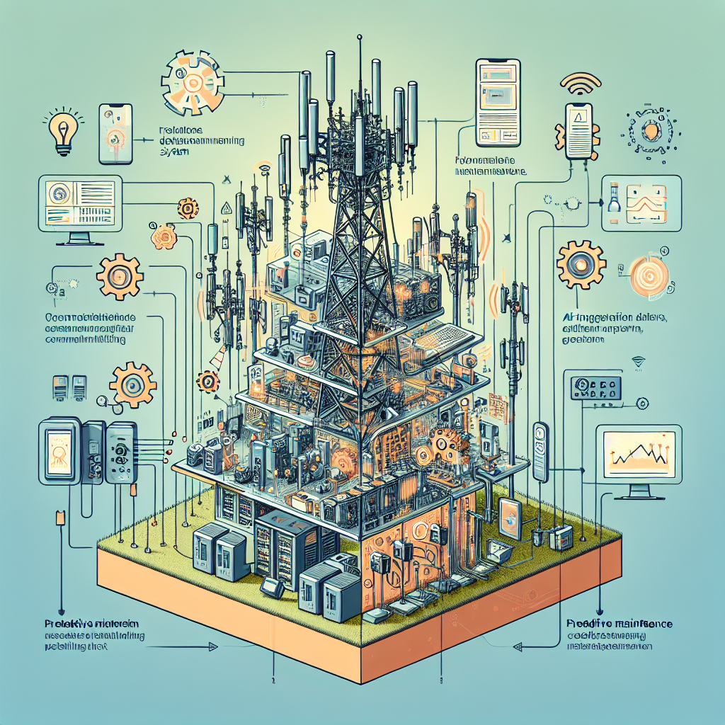 An illustrative cross-section of a telecommunication tower, with icons showcasing different aspects of AI-integrated predictive maintenance system in action.