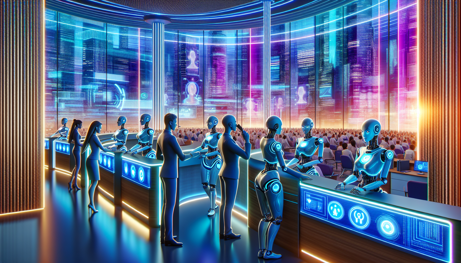 A futuristic image illustrating AI Receptionists in a customer service setting