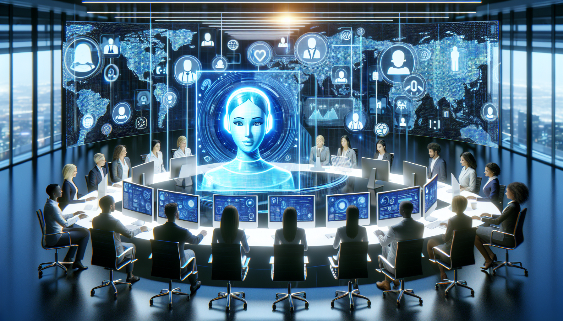 An image depicting a smart AI receptionist interacting with customers around the globe.