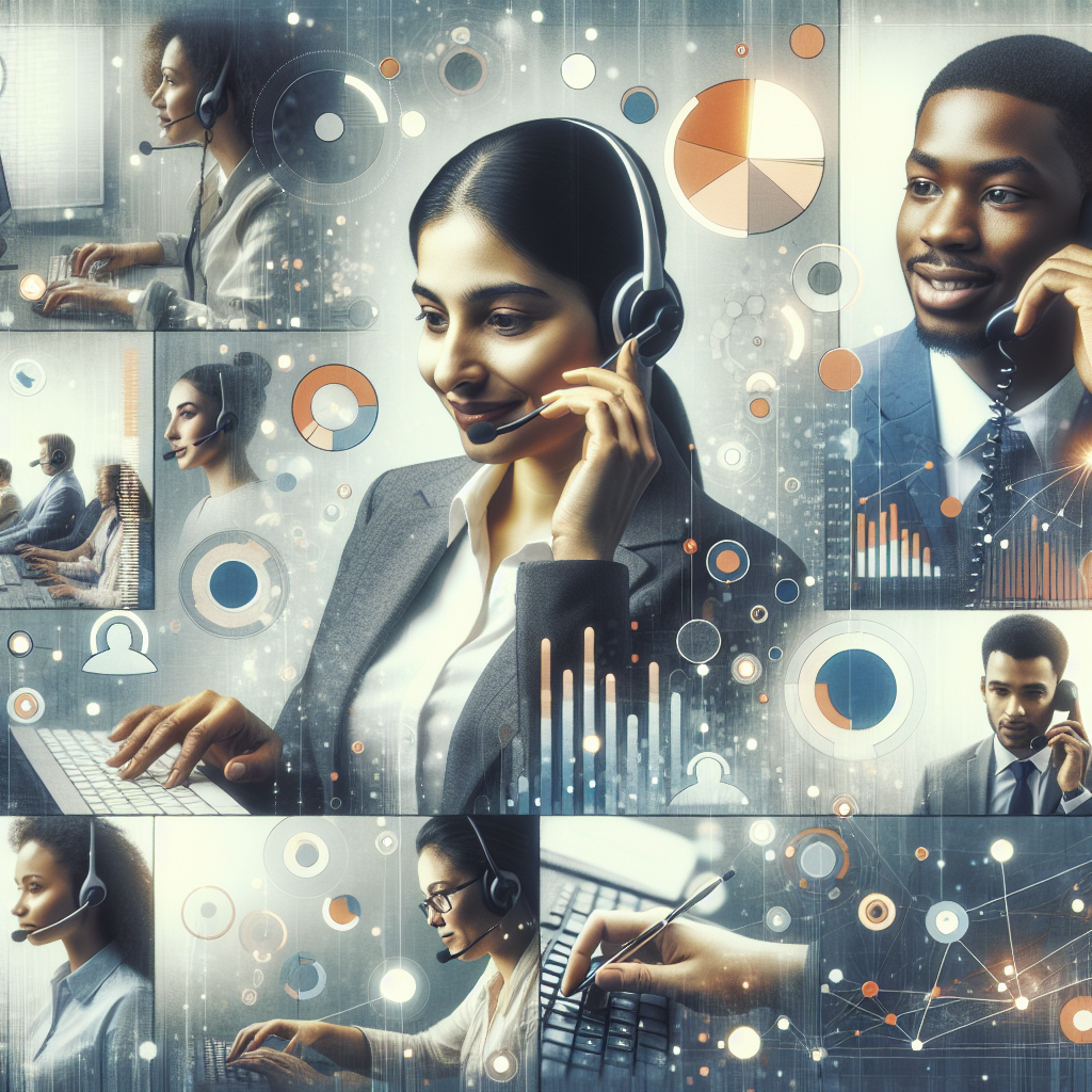 A collage of various customer service interactions, emphasizing telephone and chat, with soft overlays of data points or analytics.