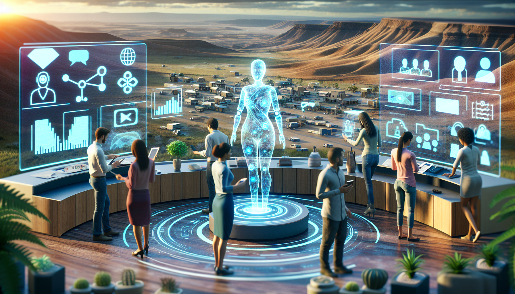 A graphically created image illustrating an AI receptionist interacting with customers over digital platforms