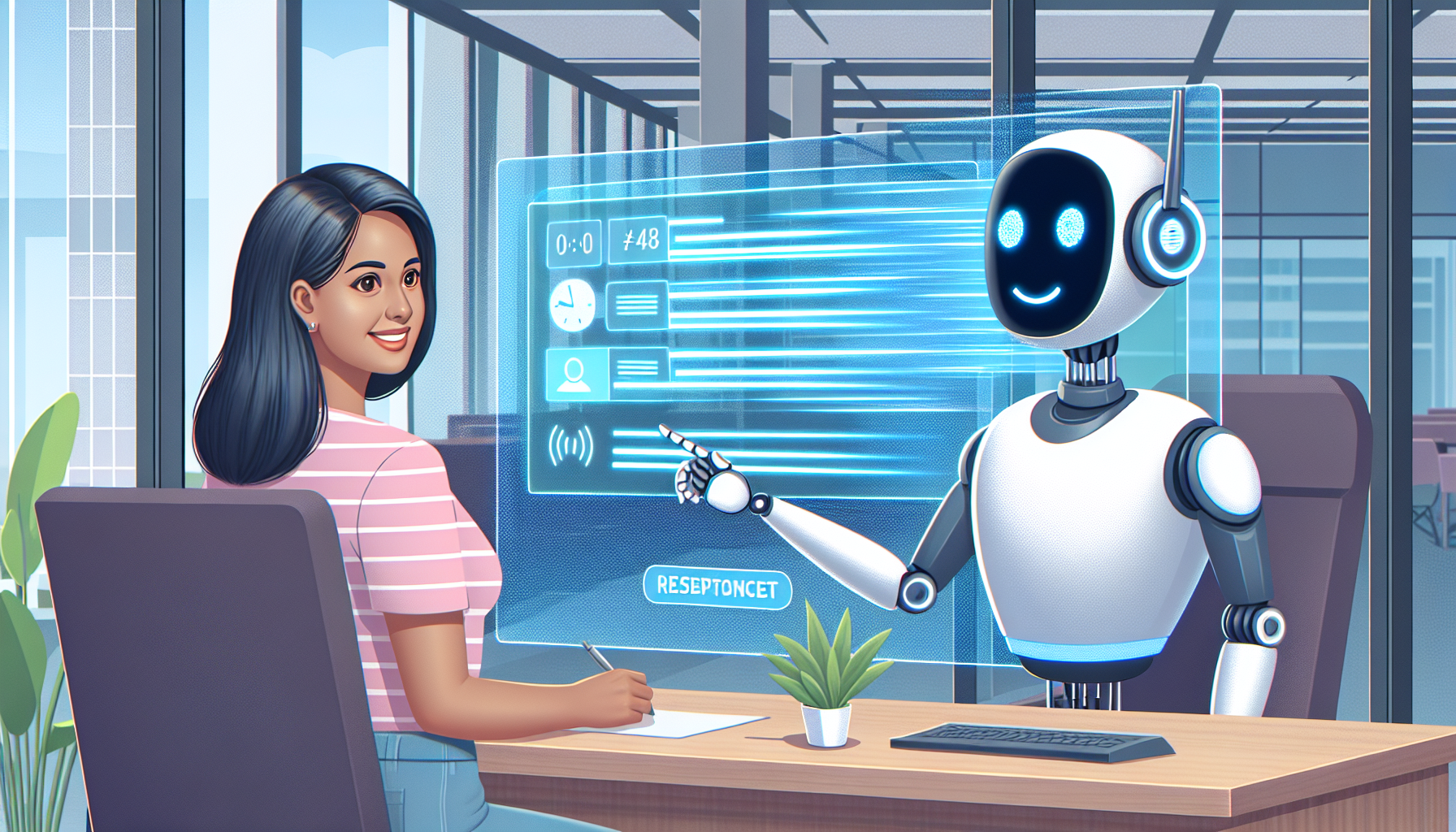 A graphic showing a chatbot or AI receptionist interacting with a user, highlighting the instant response time