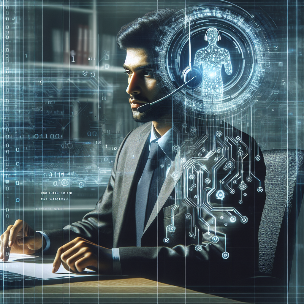 A graphic showing a call center employee with an overlay of AI-powered call automation