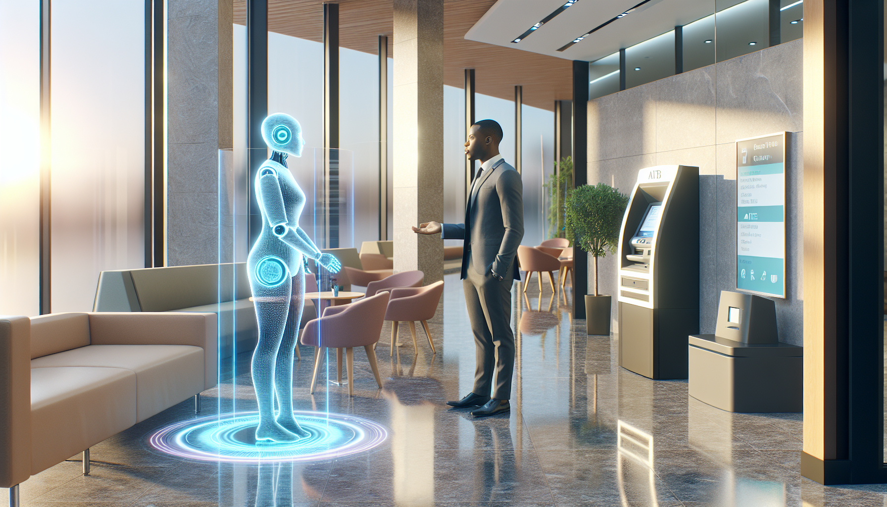 An AI receptionist interacting with a customer in a bank