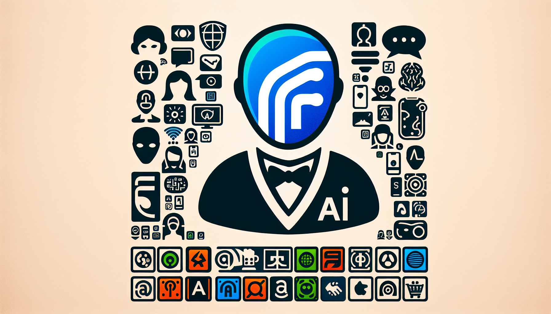 An AI receptionist icon paired with various app logos, symbolizing integration