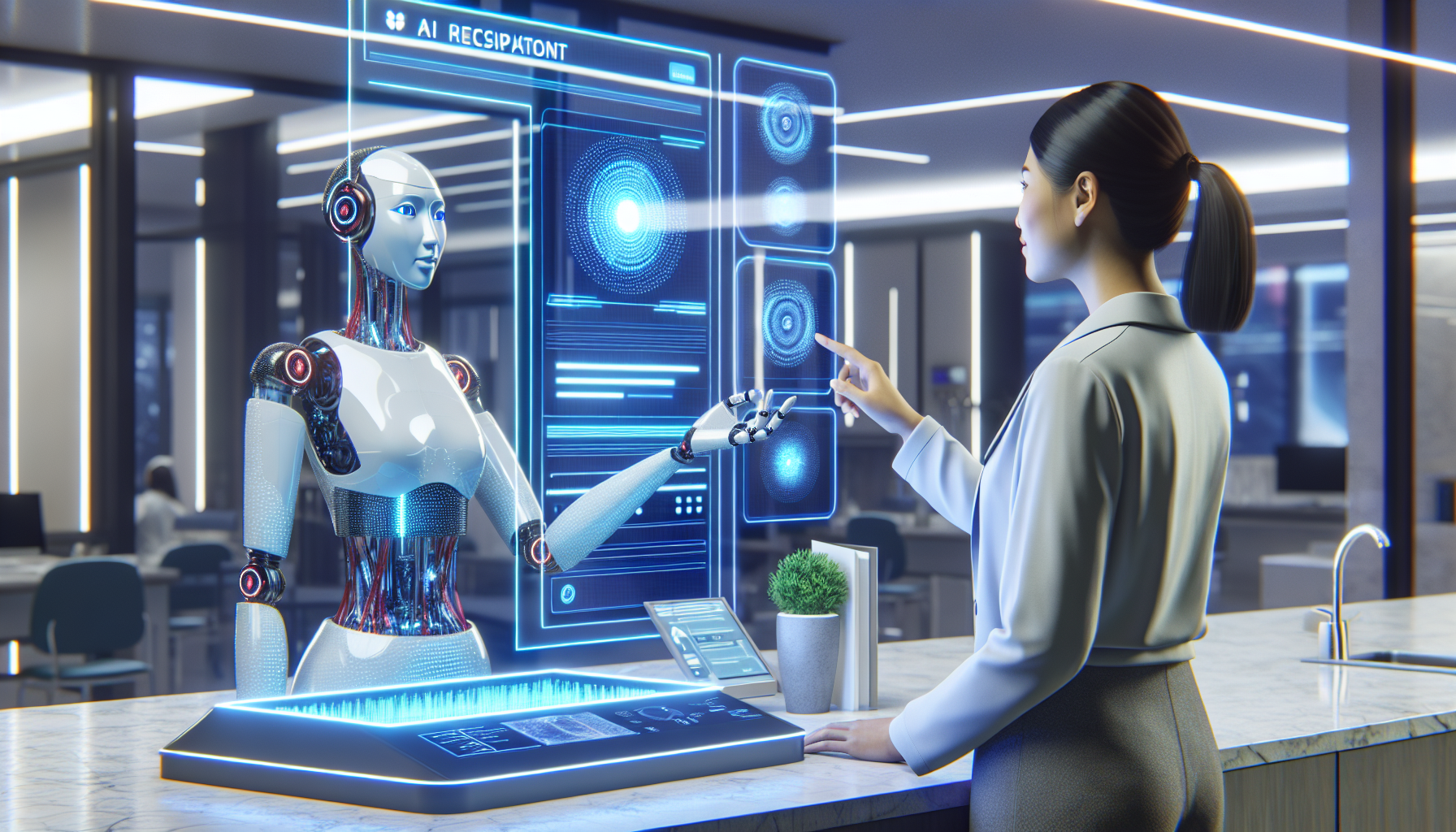 An AI receptionist interacting with a patient on a touch screen interface