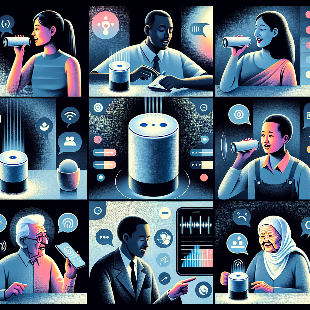 A collage depicting various voice assistants like Alexa and Siri and patients interacting with them