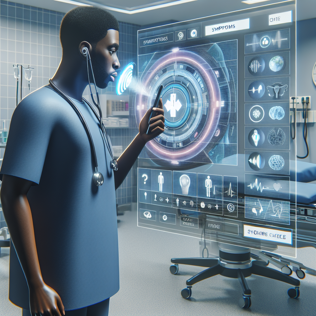 An image of a patient interacting with a voice-activated health symptom assessment and triage system.