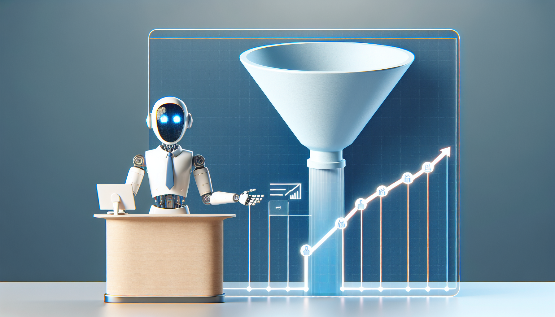 An AI receptionist character indicating towards the Sales Funnel