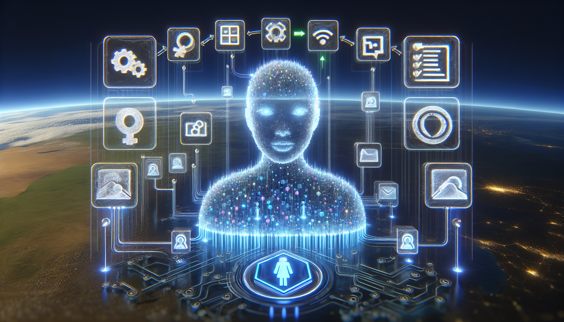 An illustration showcasing an AI Receptionist integrating and automating workflows with different apps via Zapier