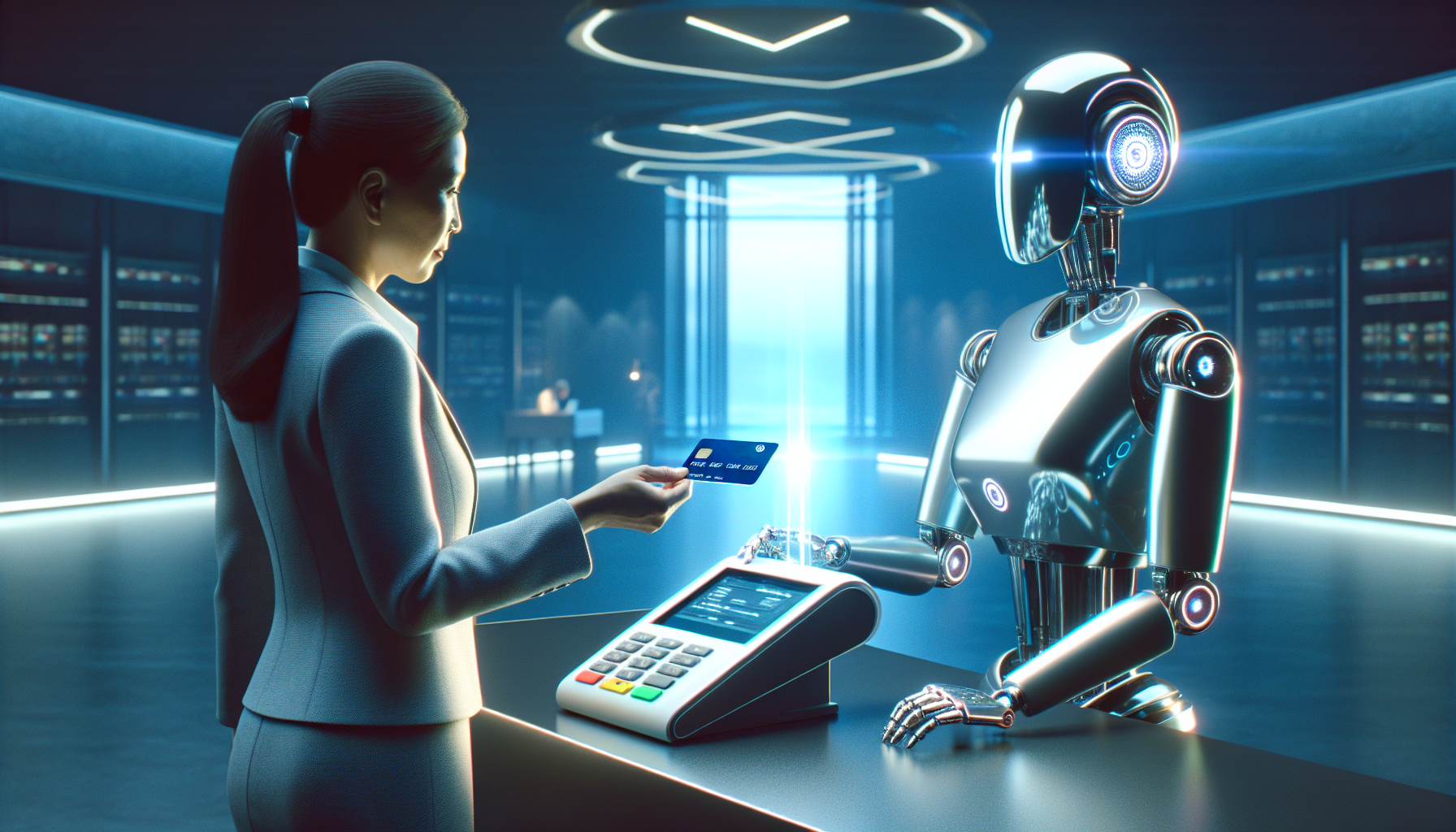 A picture showing AI receptionist assisting a customer with a payment transaction