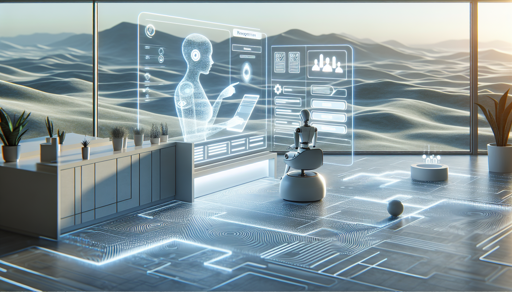 A graphical representation of an AI receptionist in action, highlighting functionalities such as answering inquiries and scheduling appointments, and showcasing the advanced technology used.