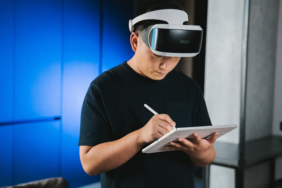 A visually engaging graphic showing a modern office setting where an AI receptionist interacts with clients on screens, suggesting efficiency and professionalism.