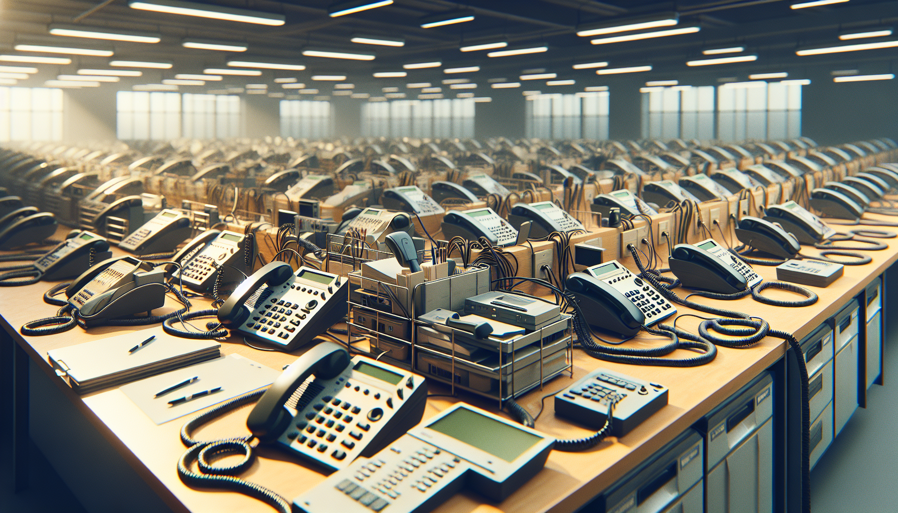 An image illustrating a typical legacy phone system with desk phones and connected landline wires.