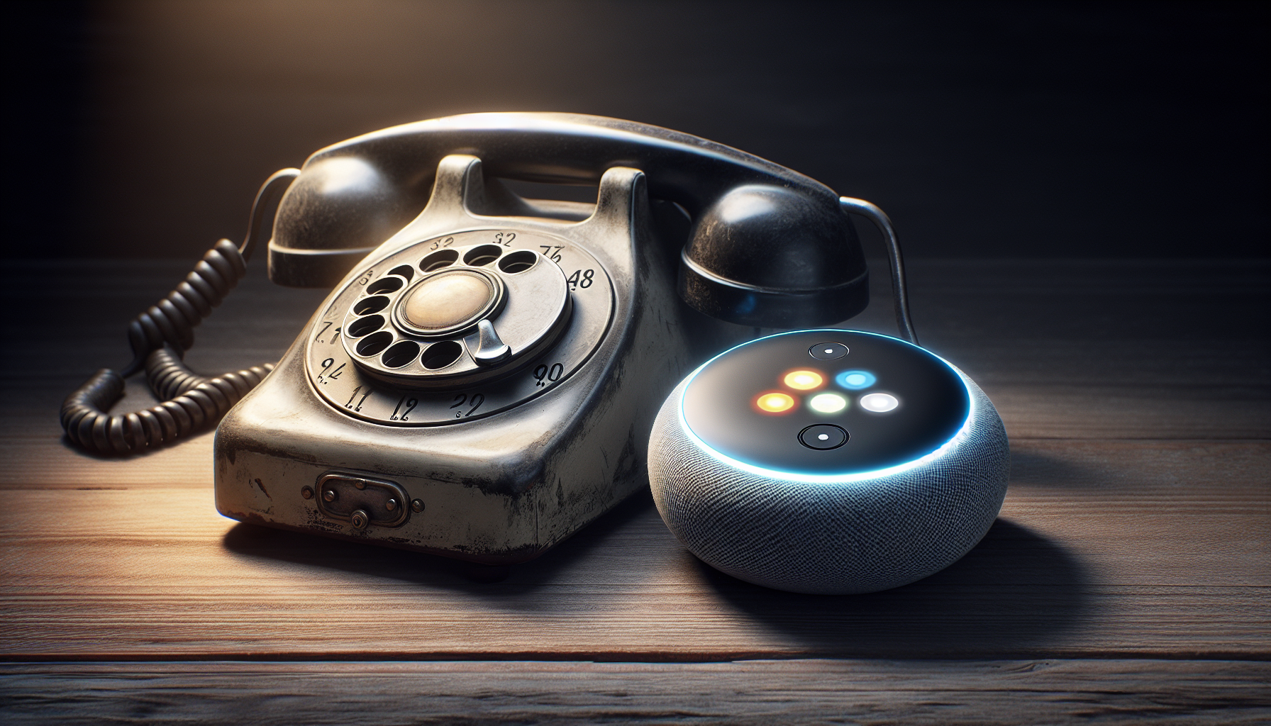 An old rotary dial phone juxtaposed with a modern AI assistant device