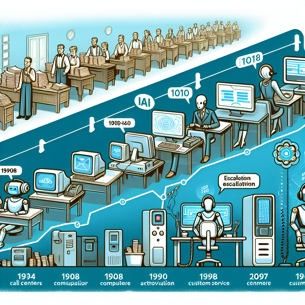 A graphic showing the evolution of AI in call centers over the years, highlighting customer service and call escalation management