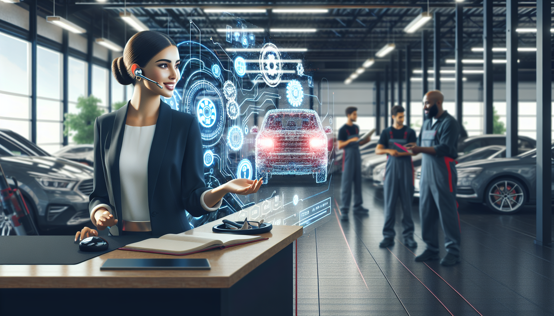 An illustration showing an AI receptionist at an automotive service center