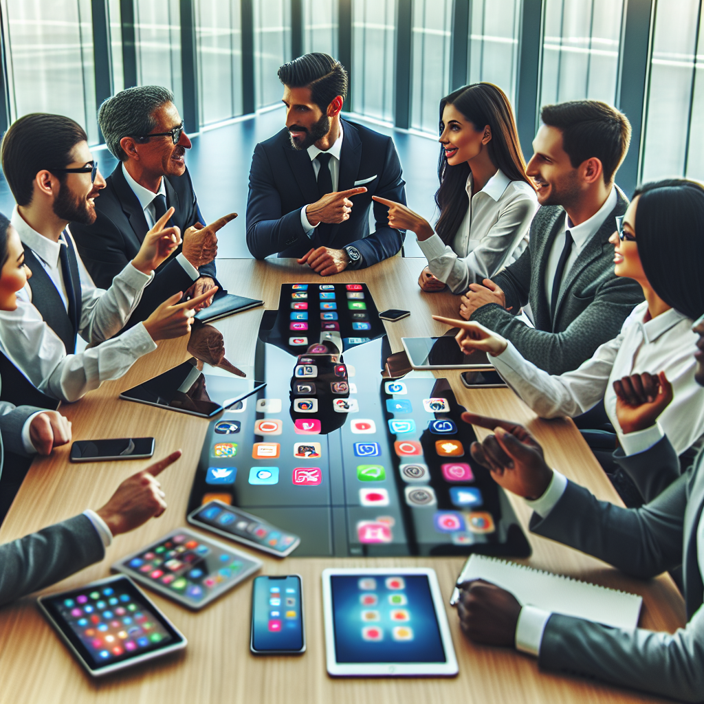 A team of professionals discussing app choices in a business setting
