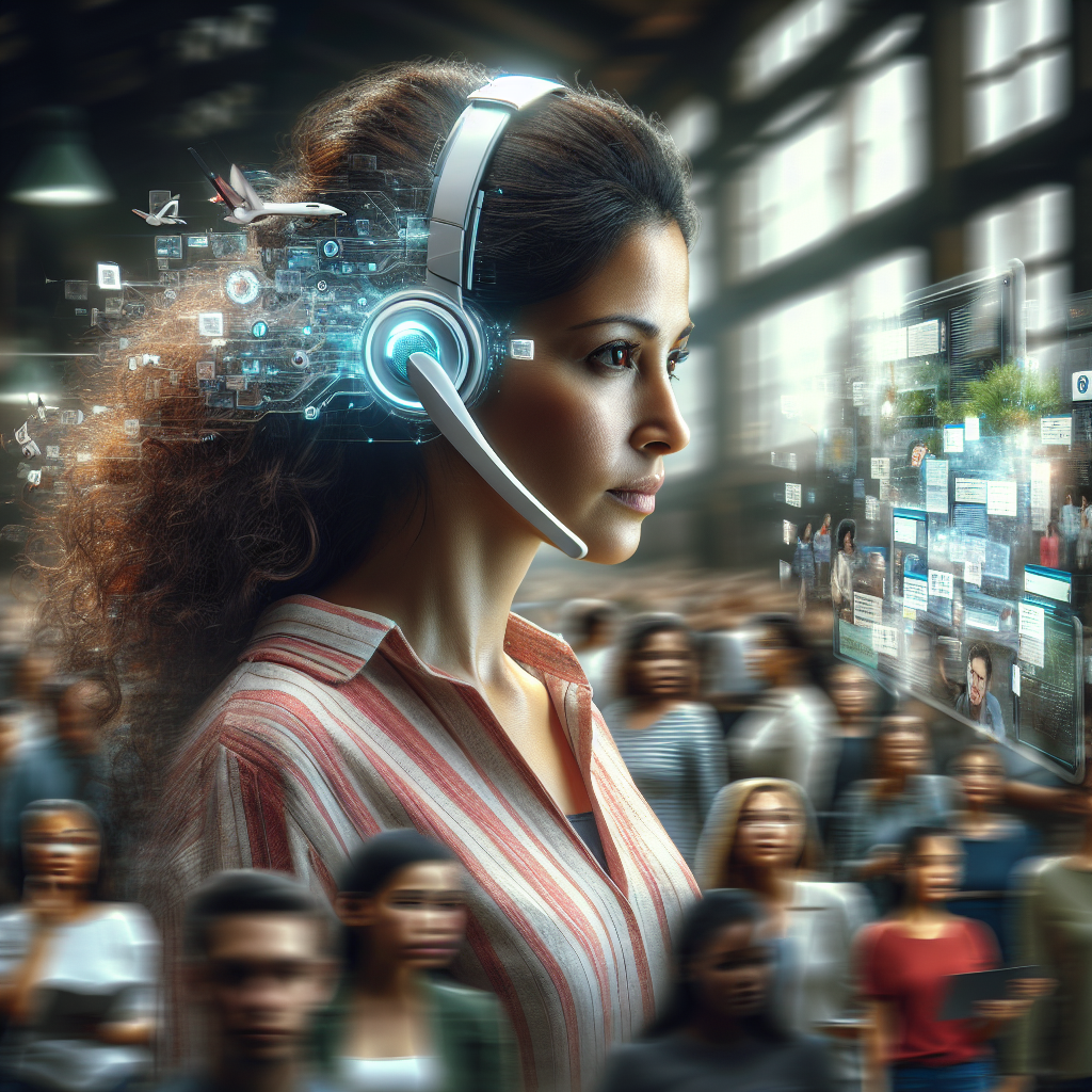 A person using a Bluetooth headset while working in a busy environment.