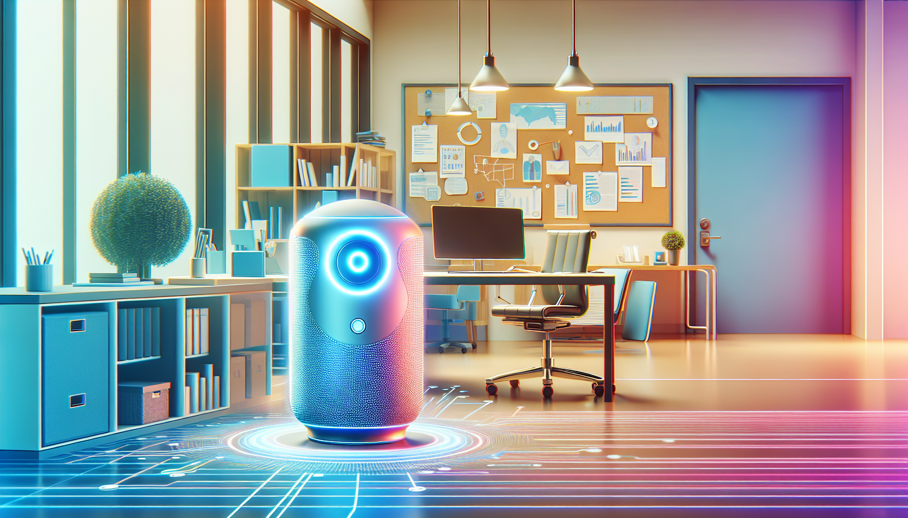 An image of a physical office space being occupied by a digital assistant device illustrating the concept of an AI receptionist.