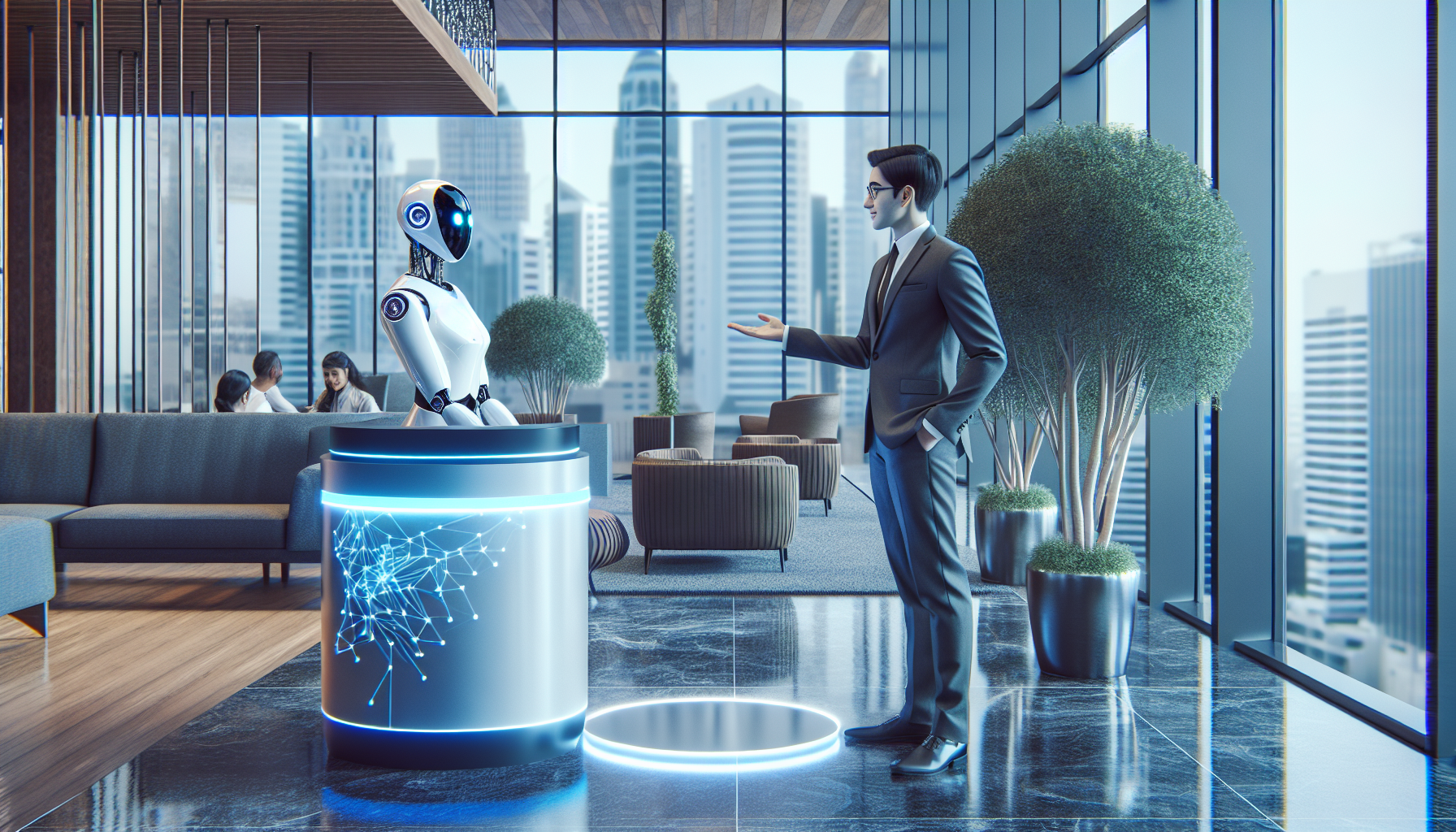 An image showing an AI receptionist interacting with a guest