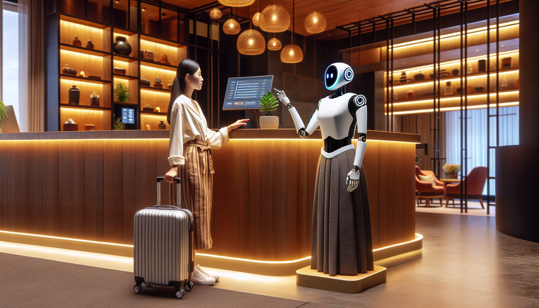 A hotel guest interacting with an AI-powered receptionist.