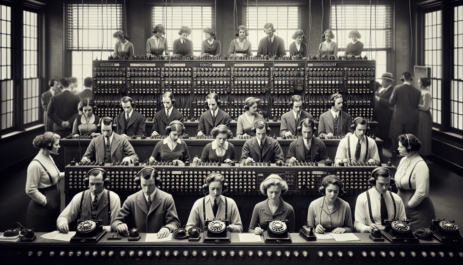 A vintage photograph of an office with a bunch of switchboards and operators