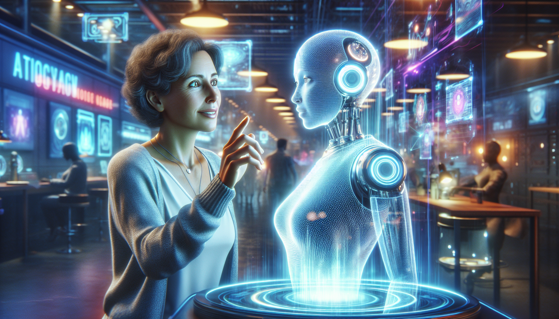 A futuristic image showcasing a virtual AI assistant helping a customer.
