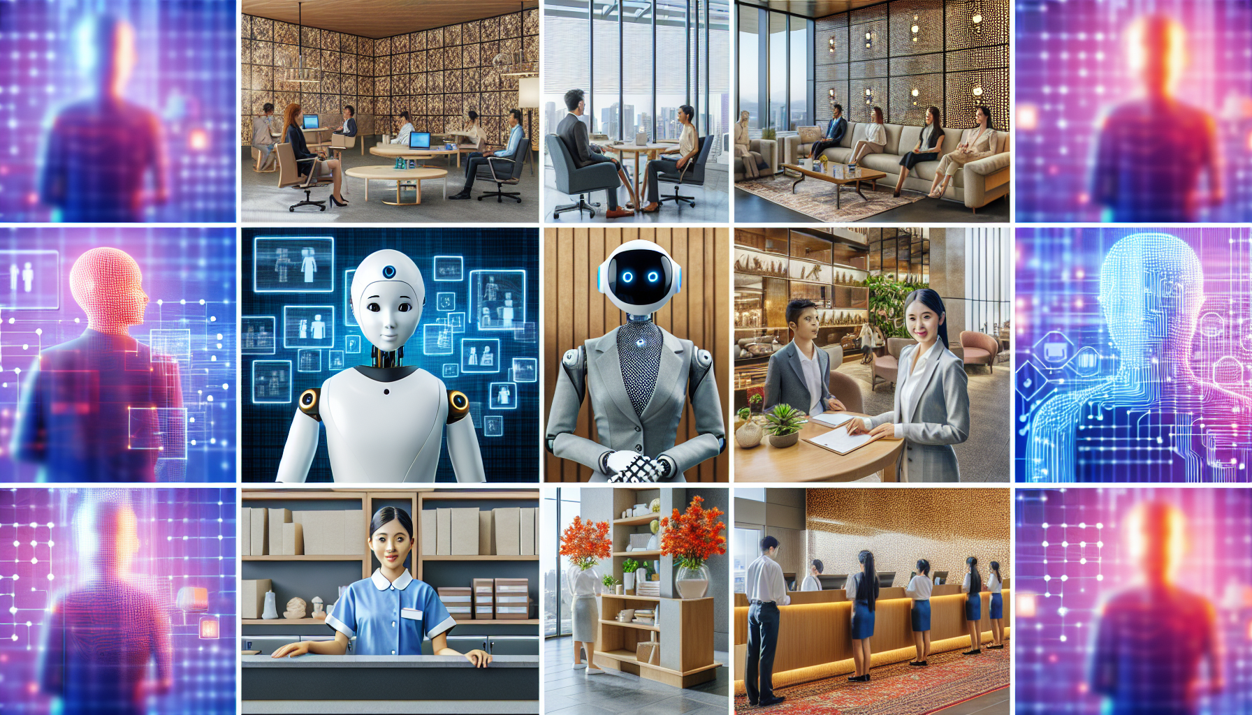 A collage of business settings where AI receptionists have been integrated effectively.