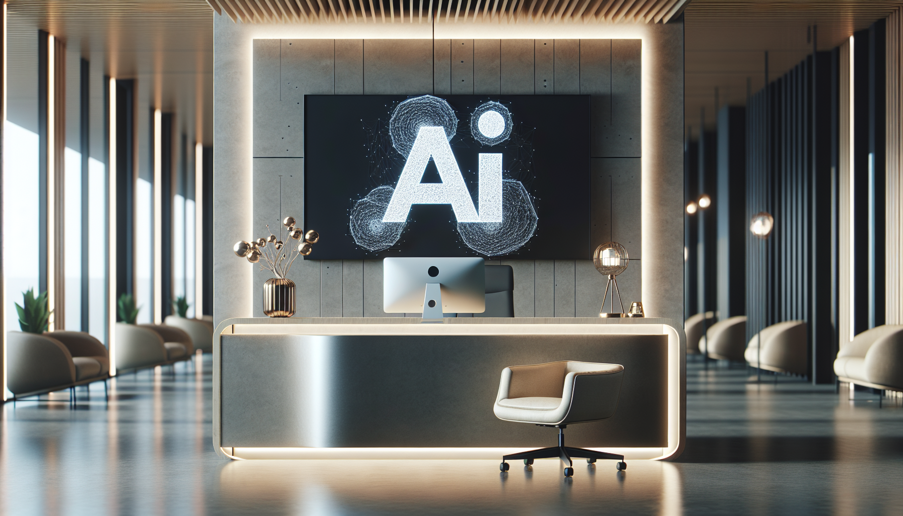 A modern office setting showing a computer at the reception desk with an AI symbol