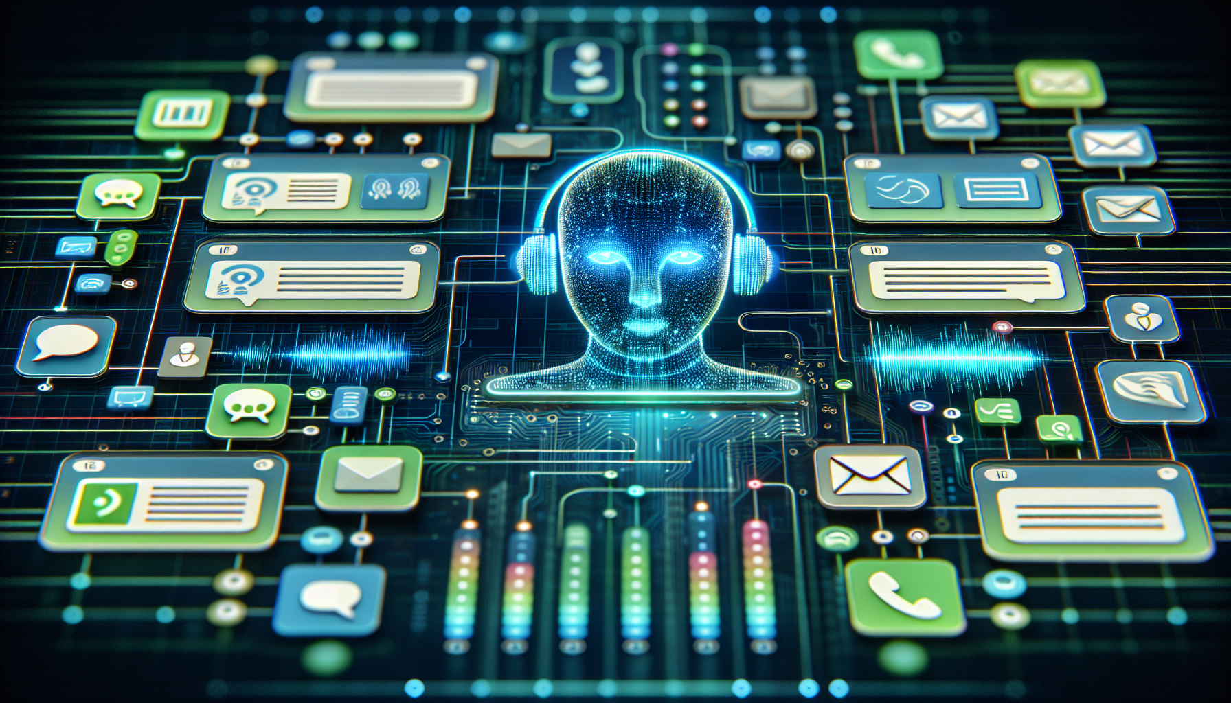 A graphic depiction of AI receptionist managing incoming text messages and voicemails on a digital interface