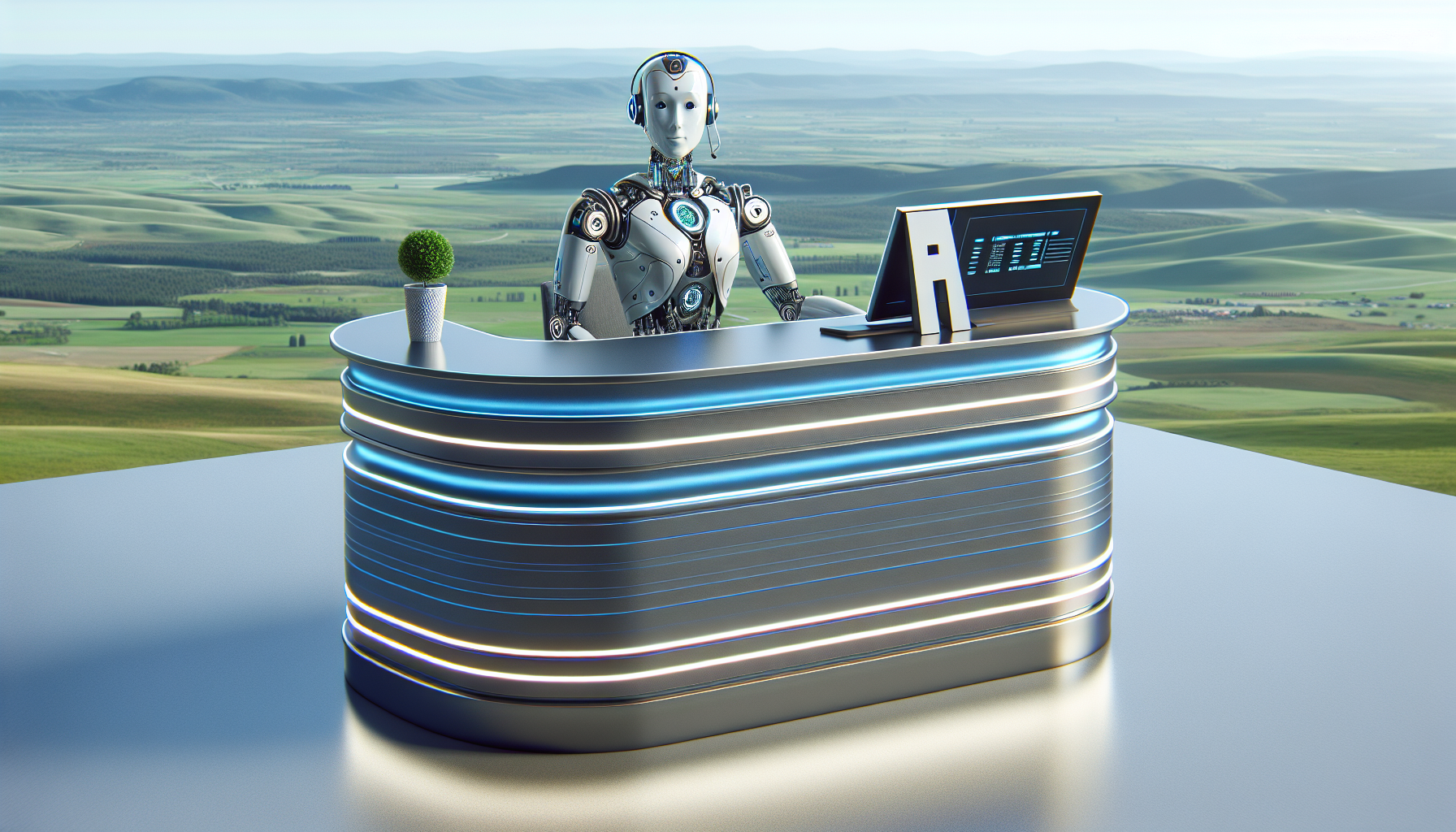 An AI receptionist represented as a futuristic robot sitting at a reception desk