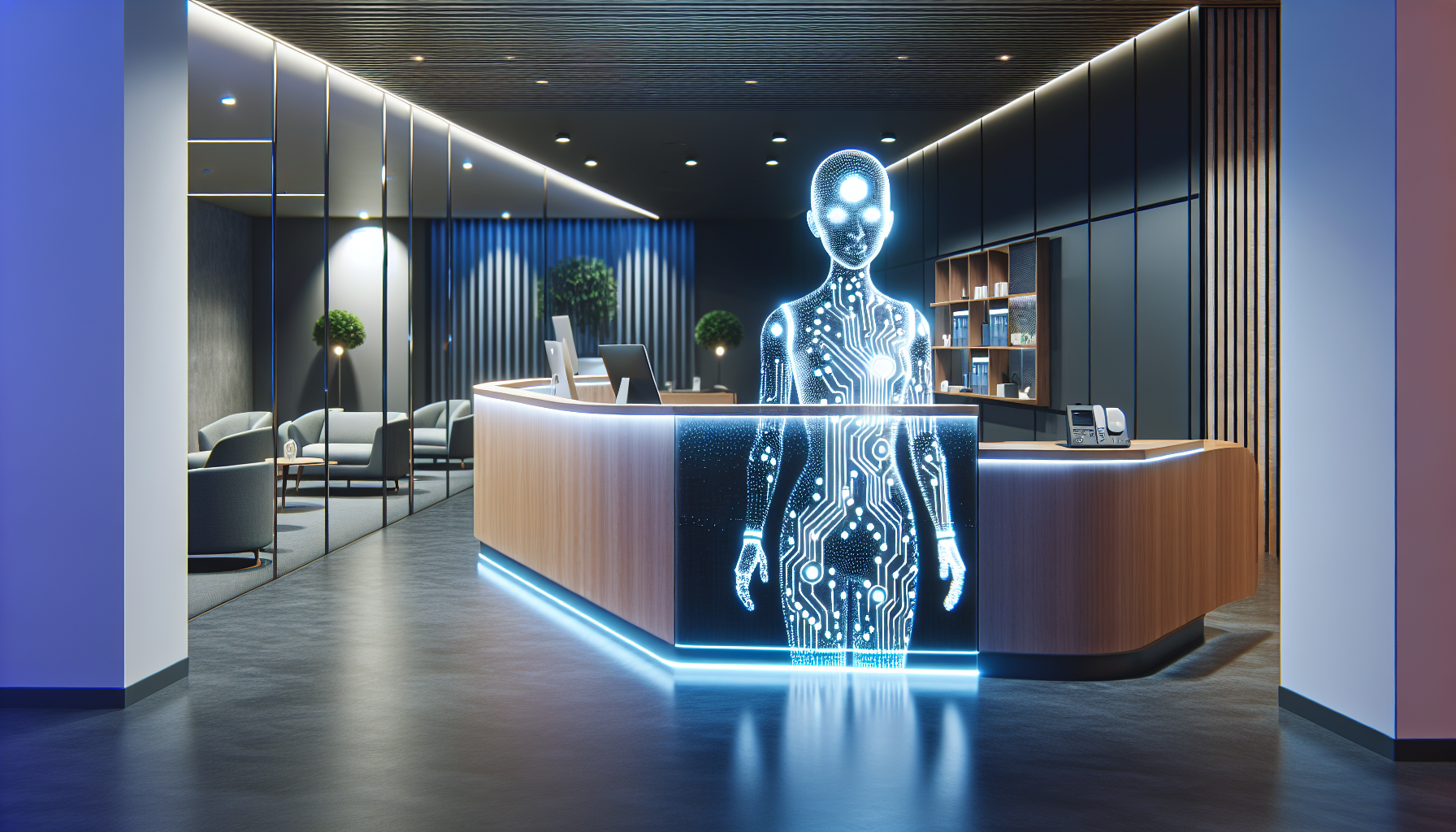 An AI receptionist at a digital reception desk in a modern business setting
