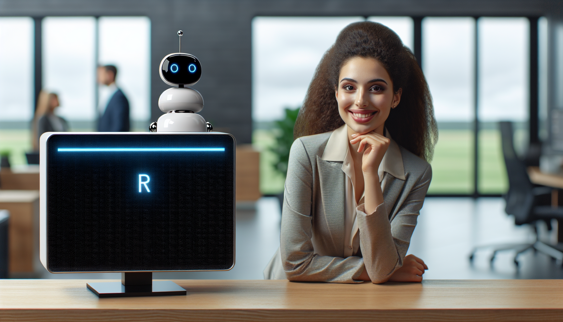 A company utilizing an AI receptionist in the workplace with a satisfied employee in the background
